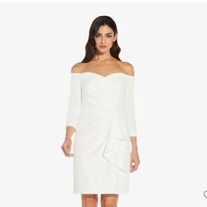 NWT ADRIANNA PAPELL OFF SHOULDER CREPE RUFFLED MINI SHEATH DRESS IVORY